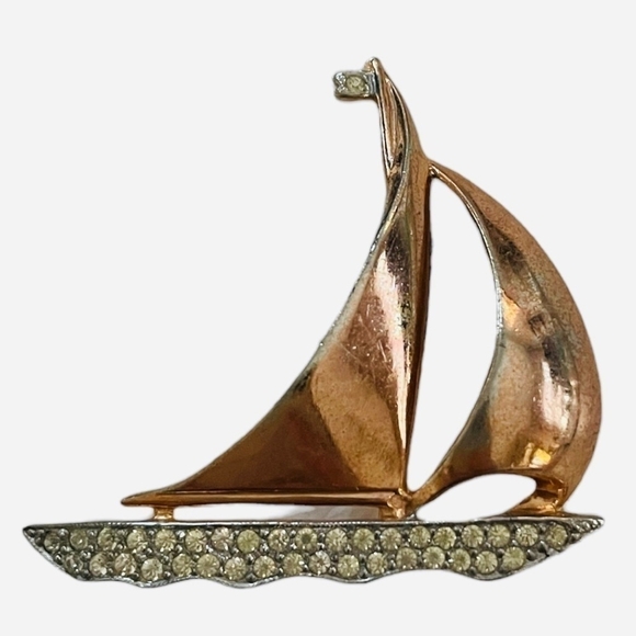 Rare Vintage Sailboat Gold-Tone Rhinestone Pin Brooch Women Jewelry - Picture 4 of 6